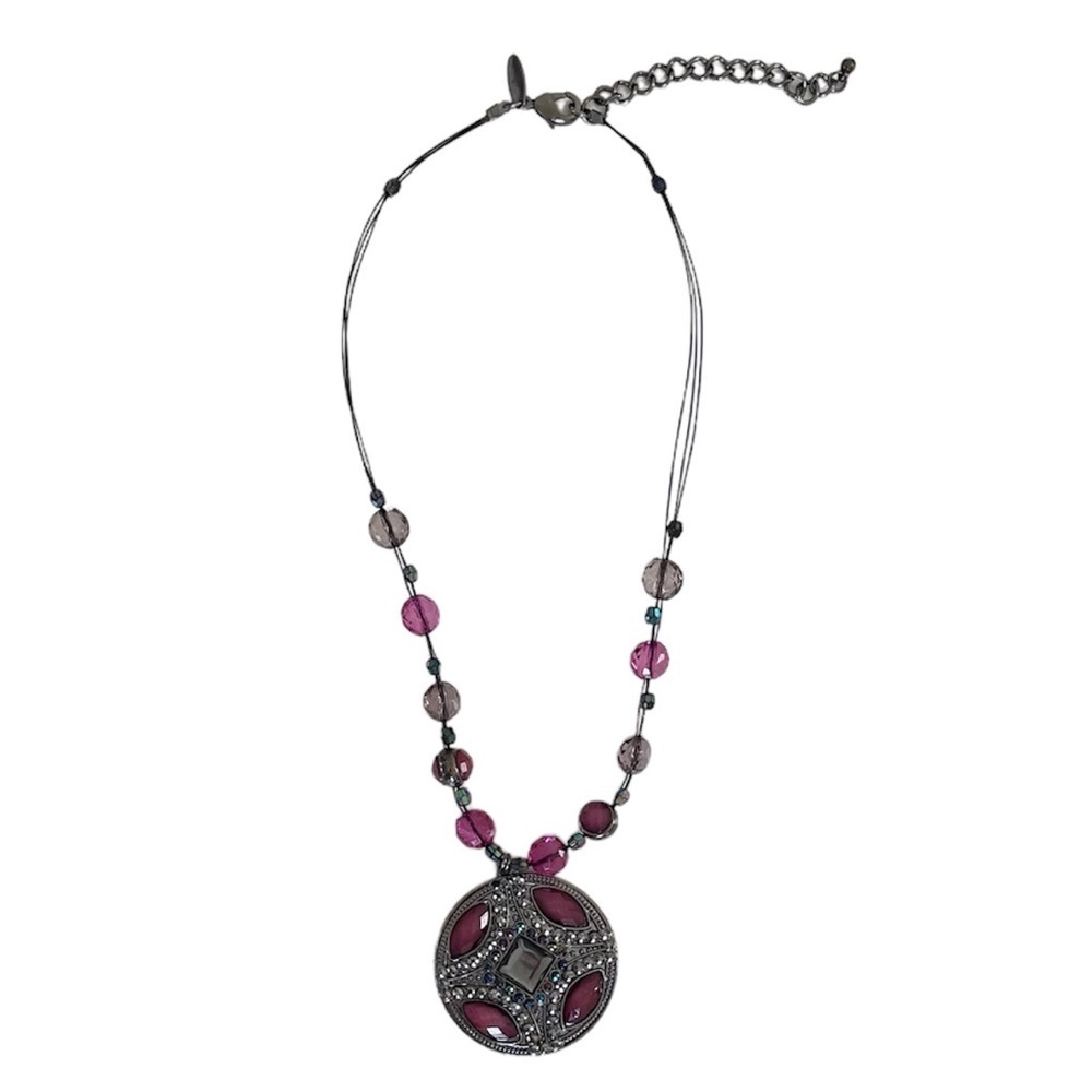 Purple Beaded Necklace with Large Gem Medallion on Black Wire